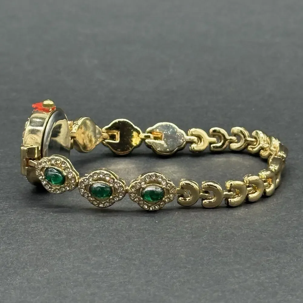 Gold Tone Clover Watch Bracelet Set 2 Pc Faux Emerald Jade Green Rhinestone NEW
